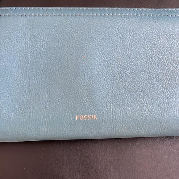 Fossil Leather Turkish Blue Gold Full  Zip Wallet Writlet - Picture 2 of 9